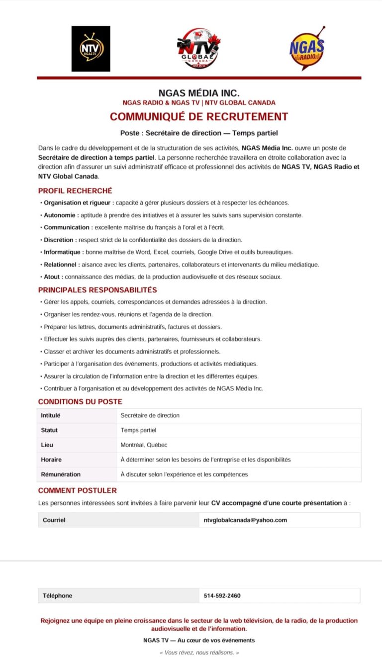 NGAS Média Inc. recrute un(e) secrétaire de direction à temps partiel
