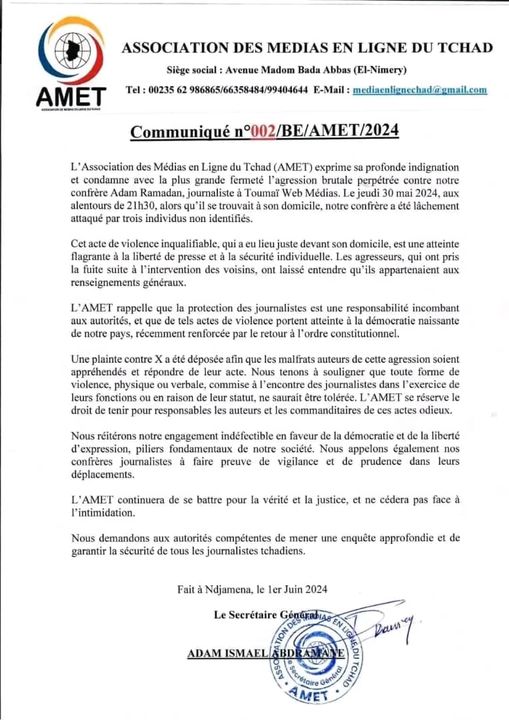 Condamnation de l&rsquo;agression contre le journaliste Adam Abderamane par l&rsquo;association des médias en ligne du Tchad
