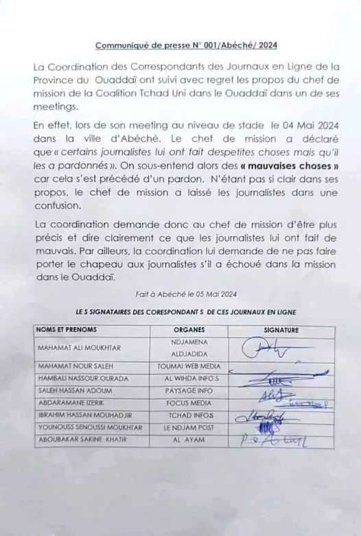 Abeche : Les correspondants des médias en ligne de la province du Ouaddaï apportent un démenti