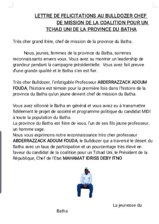 TCHAD: la jeunesse de la province félicite et remercie le chef de mission de la Coalition pour un Tchad uni