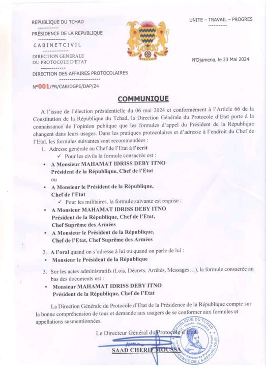 TCHAD :Communiqué officiel