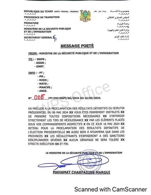 TCHAD : Communiqué du Ministère de la Sécurité.