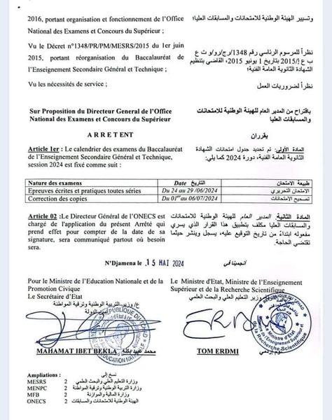 TCHAD : le Calendrier qui fixe la date du baccalauréat de l&rsquo;enseignement, session de juin. 2024 .