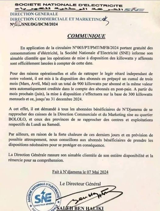 TCHAD : La Société Nationale d&rsquo;électricité (SNE)met à la disposition de ses abonnés 900 Kilowatts