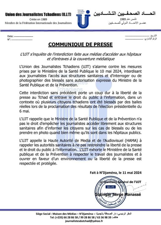 TCHAD : l&rsquo;union des journalistes Tchadiens ( UJT) S&rsquo;inquiéte de l&rsquo;interdiction aux médias d&rsquo;accèder aux hôpitaux