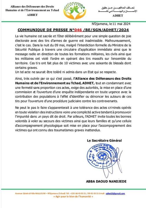 « Réaction vigoureuse suite aux troubles post-électoraux au Tchad : Appel urgent à l&rsquo;action et à la justice »