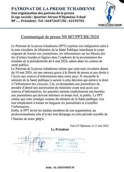 TCHAD : Le Patronat de la presse tchadienne dénonce la note circulaire du ministère de la santé comme une atteinte sévère à la liberté de la presse et à l&rsquo;accès à l&rsquo;information »