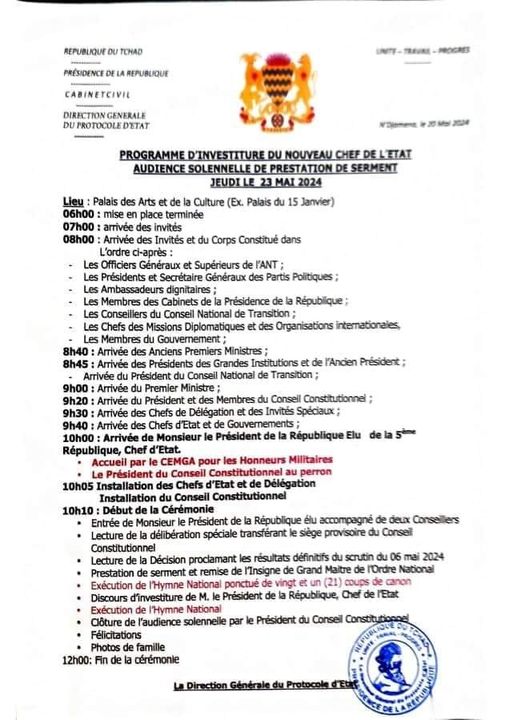 TCHAD: Programme de la cérémonie d&rsquo;investiture du nouveau chef de l&rsquo;État