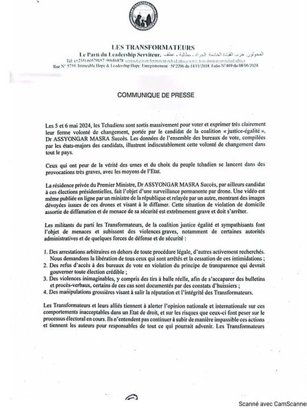 TCHAD: Communiqué du parti politique les Transformateurs