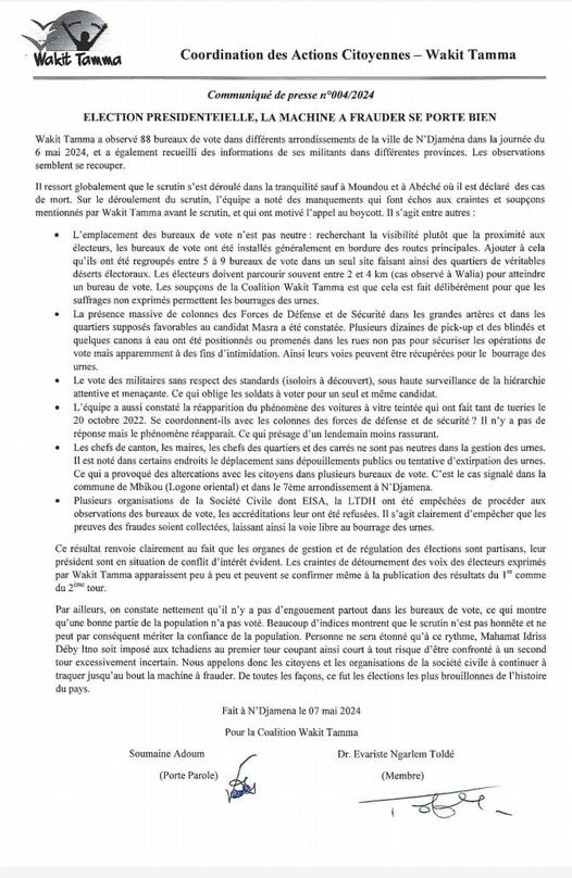 TCHAD : Communiqué de coordination de wakit Tama